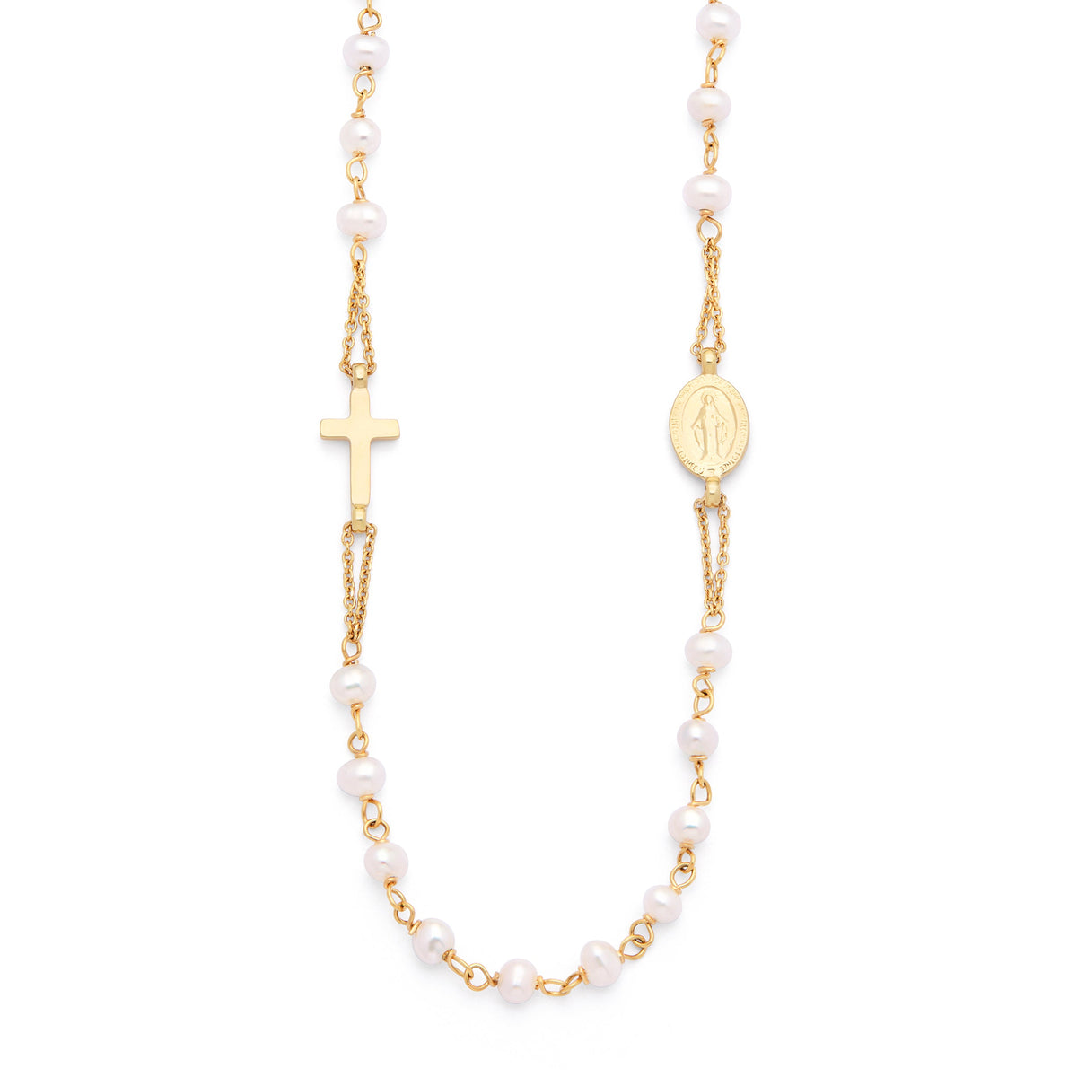 Yellow Gold Rosary Necklace with White Pearl Beads