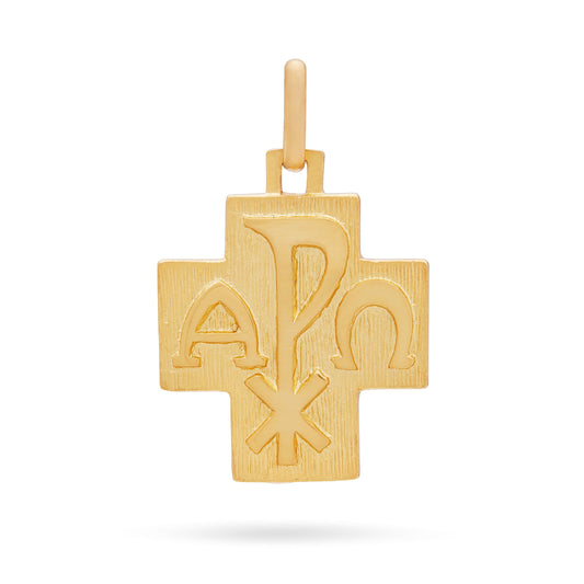 Yellow Gold Cross-shaped Chi Rho Medal With Pope Francis in the Back