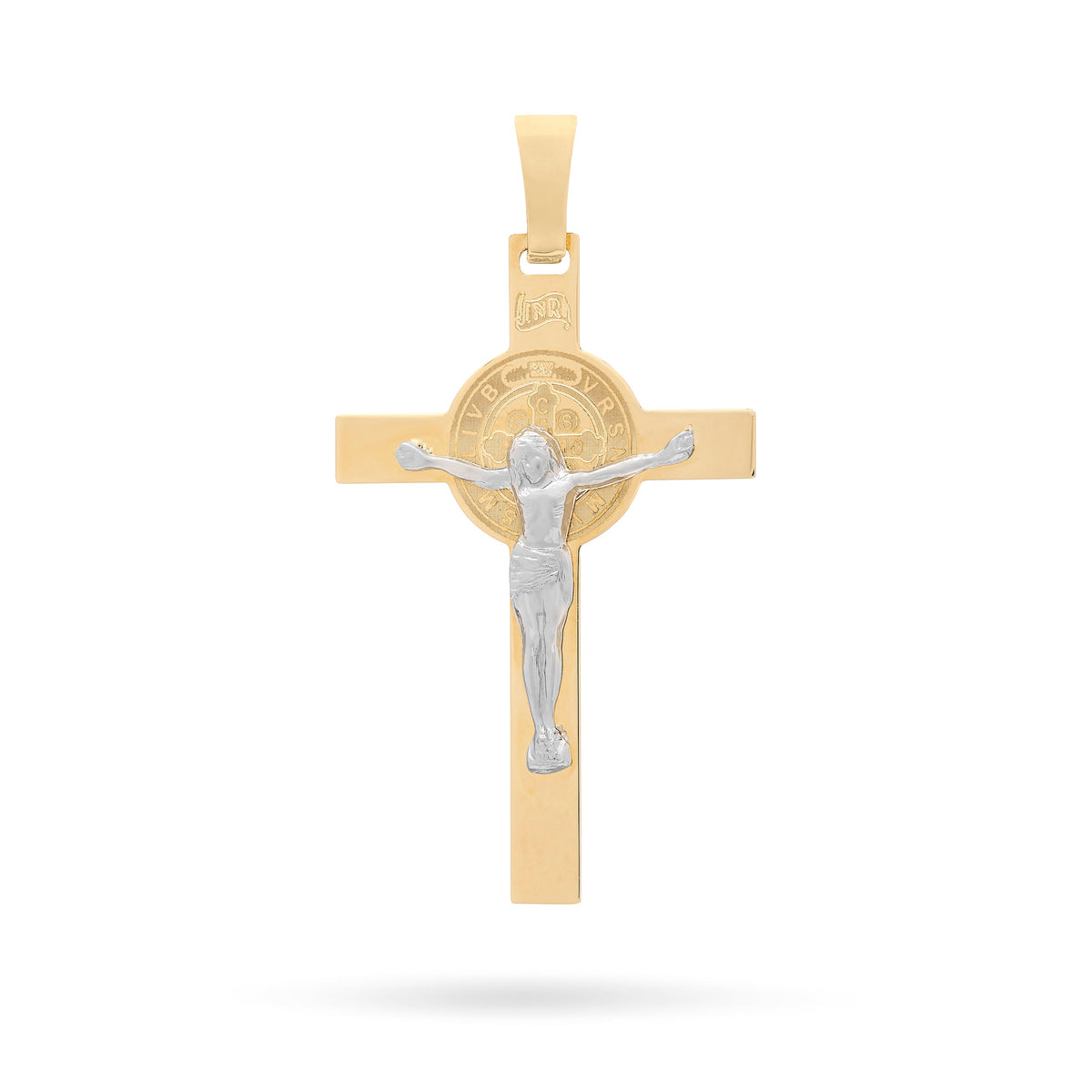 Yellow Gold Flat St. Benedict Crucifix Pendant With White Gold Corpus