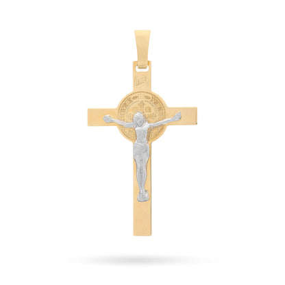 Yellow Gold Flat St. Benedict Crucifix Pendant With White Gold Corpus