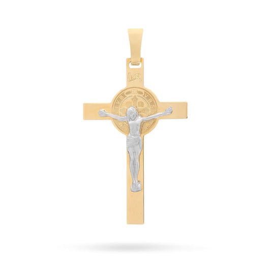 Yellow Gold Flat St. Benedict Crucifix Pendant With White Gold Corpus