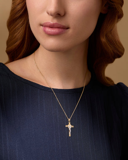 Yellow Gold St. Benedict Crucifix Pendant With White Gold Corpus