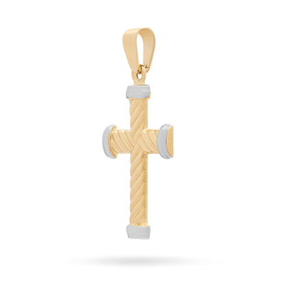 Yellow Gold Striped Cross Pendant With White Gold Ends