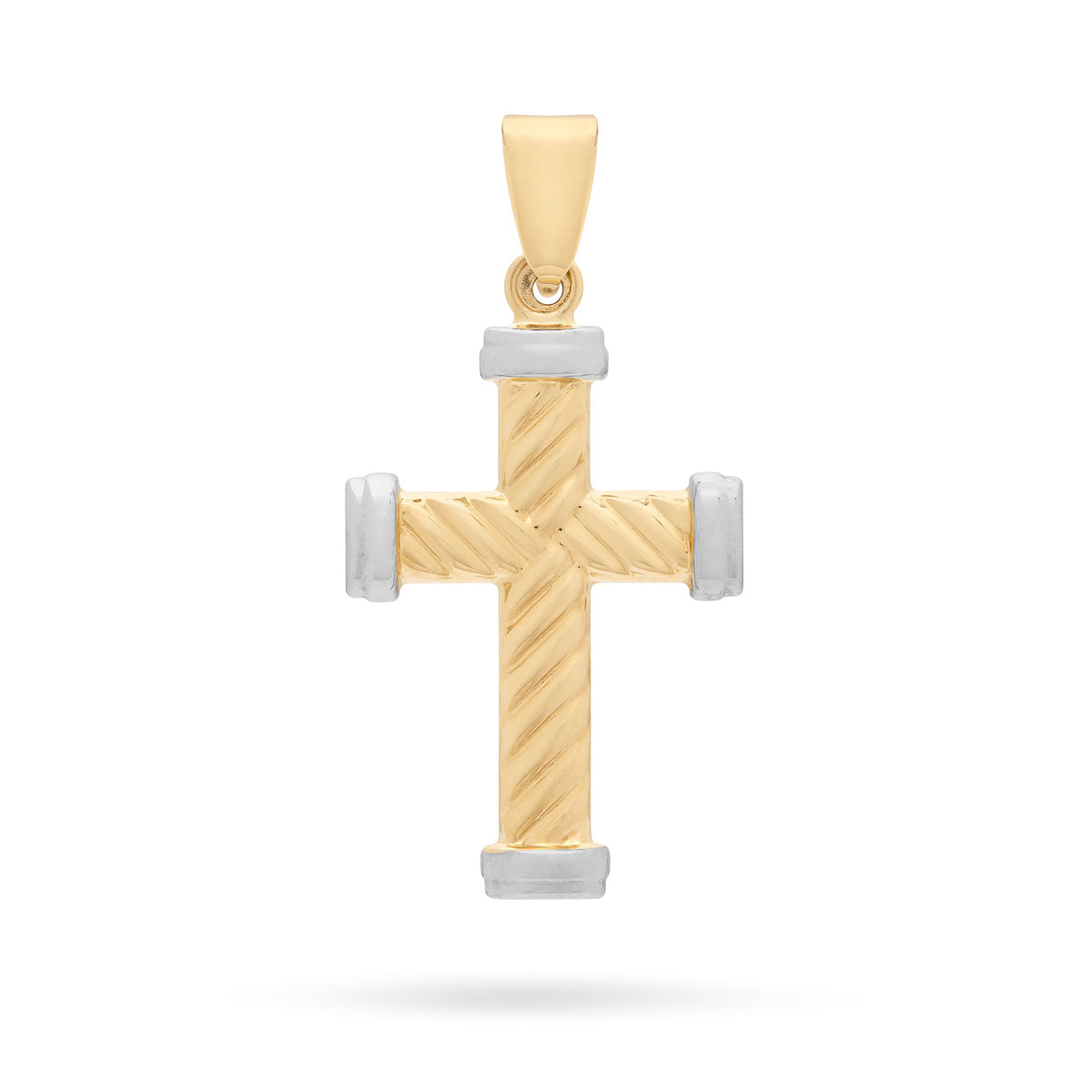 Yellow Gold Striped Cross Pendant With White Gold Ends