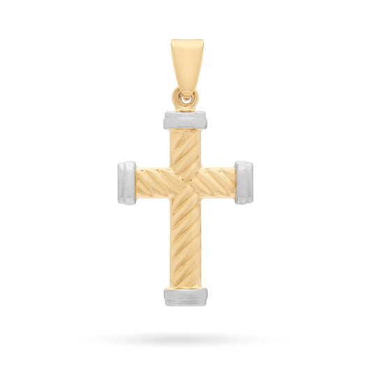 Yellow Gold Striped Cross Pendant With White Gold Ends