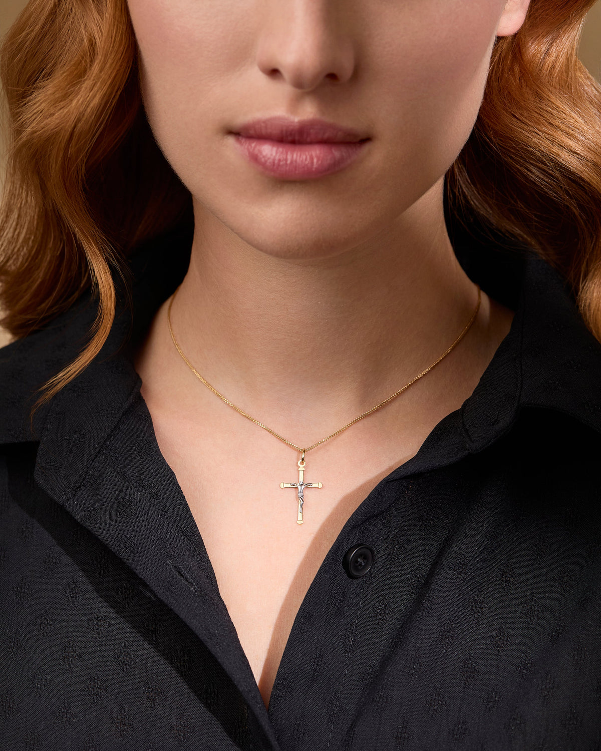 Yellow Gold Thin Crucifix Pendant With Modern Style White Gold Corpus