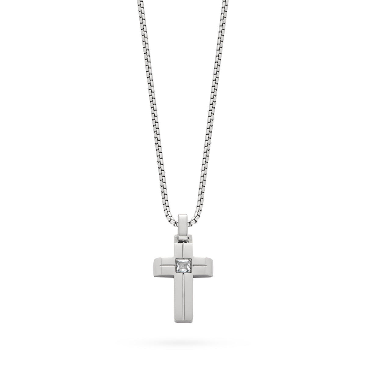 Stainless Steel Cross Pendant with Cubic Zirconia and Chain