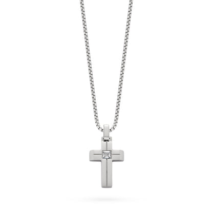 Stainless Steel Cross Pendant with Cubic Zirconia and Chain