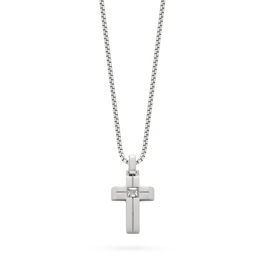 Stainless Steel Cross Pendant with Cubic Zirconia and Chain